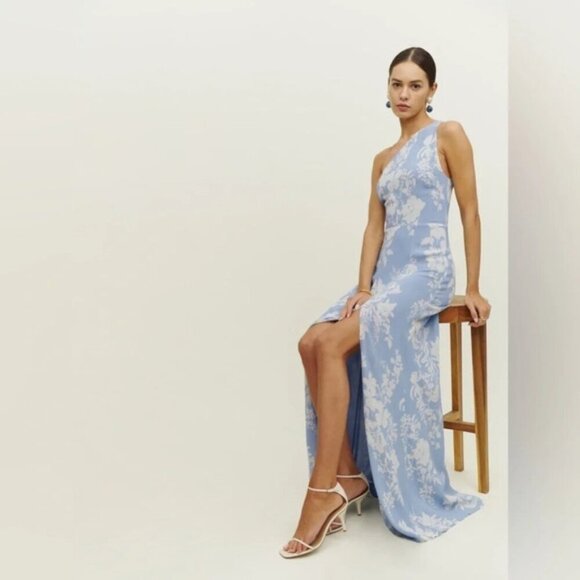 NEW Reformation Evelyn Maxi Dress One Shoulder Side Slit Aliso Blue Floral sz 2 - Picture 2 of 15